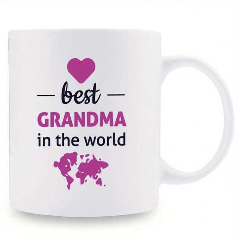 Tailorly White Ceramic 11 oz Mug - Best Grandma In The World Minimalist Purple World Map Layout With Delicate Heart Graphic Map