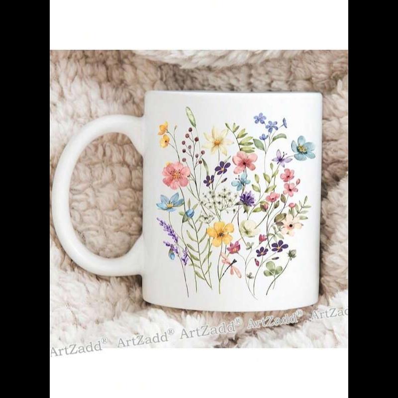 Tailorly White Ceramic 11 oz Mug - Delicate Watercolor Garden With Vibrant Blooming Petals And Soft Green Leaves Wildflowers