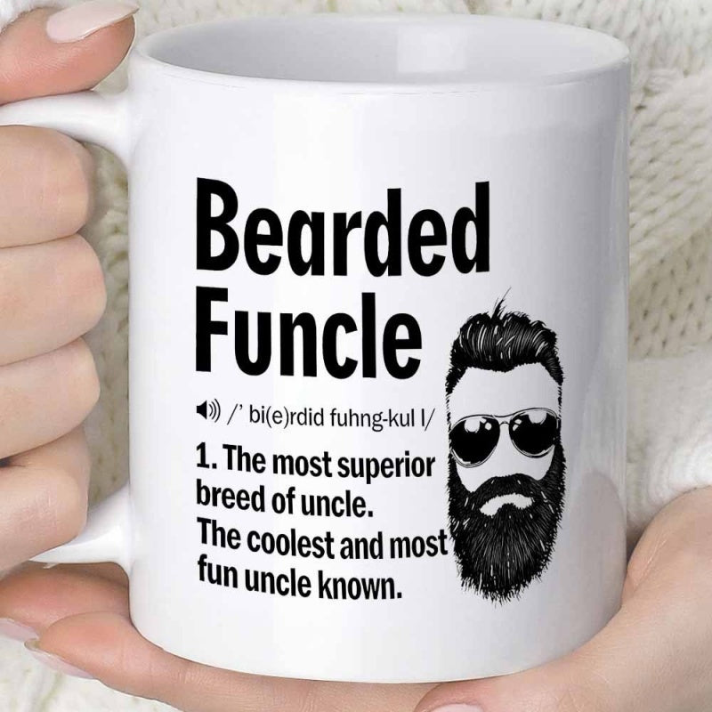 Tailorly White Ceramic 11 oz Mug - Bearded Funcle Minimalist Black Ink Portrait Of A Man Wearing Dark Sunglasses And Thick Groomed Beard