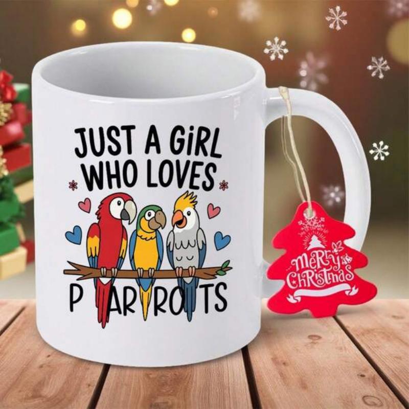 Tailorly White Ceramic 11 oz Mug - Just A Girl Who Loves Parrots Three Vibrant Tropical Birds Perched On Wood Branch With Hearts Parrots