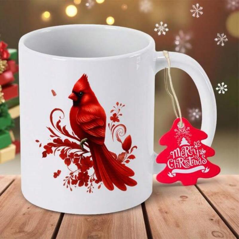 Tailorly White Ceramic 11 oz Mug - Merry Christmas Vibrant Red Bird Perched On Artistic Crimson Floral Filigree Cardinal
