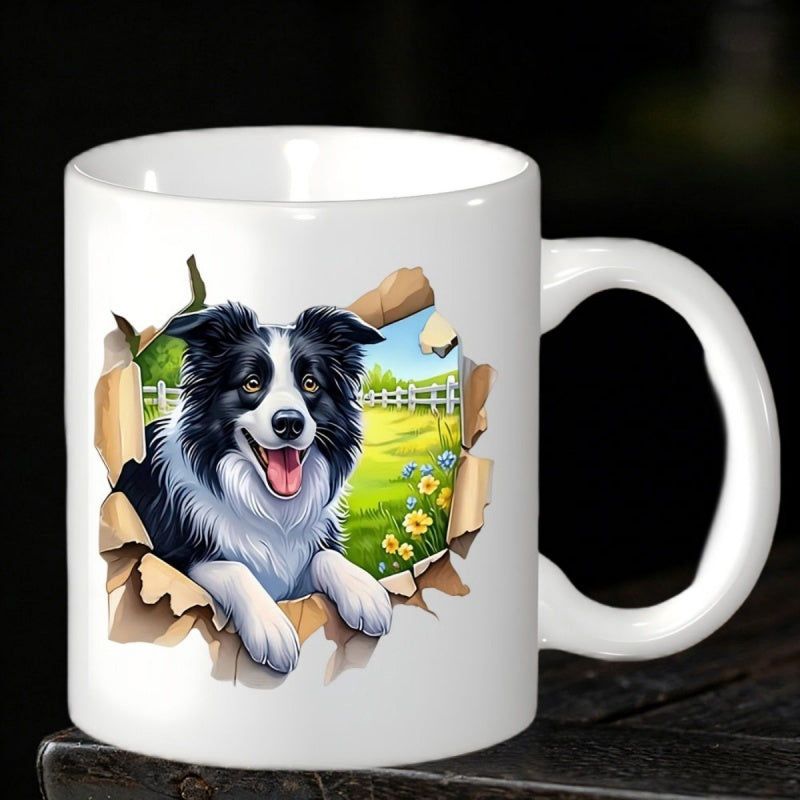 Tailorly White Ceramic 11 oz Mug - Cheerful Border Collie Peeking Through Torn Paper With Sunny Garden Dog