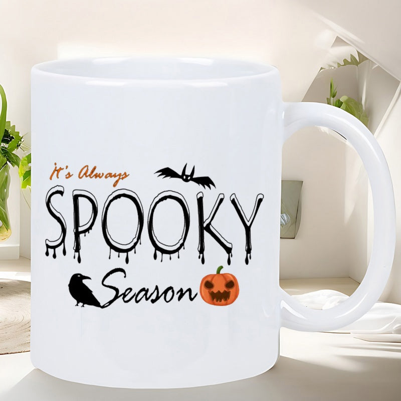 Tailorly White Ceramic 11 oz Mug - Its Always Spooky Season Halloween Elements Featuring Black Bat Crow And Small Jack O Lantern Pumpkin