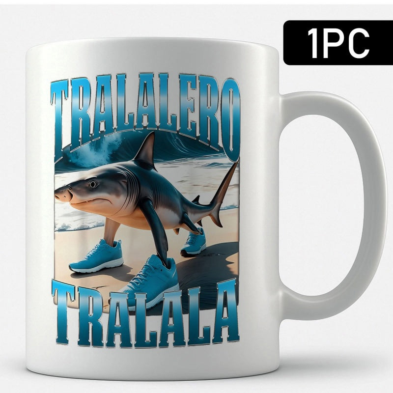 Tailorly White Ceramic 11 oz Mug - Tralalero Tralala Unique Shark Wearing Blue Sneakers Walking Along A Sunny Tropical Sandy Beach Shark