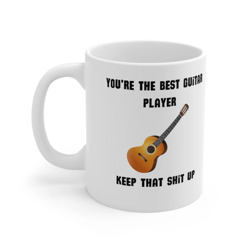Tailorly White Ceramic 11 oz Mug - Youre The Best Guitar Player Keep That Shit Up Classic Wooden Acoustic Instrument With Six Strings Floating On Pure White