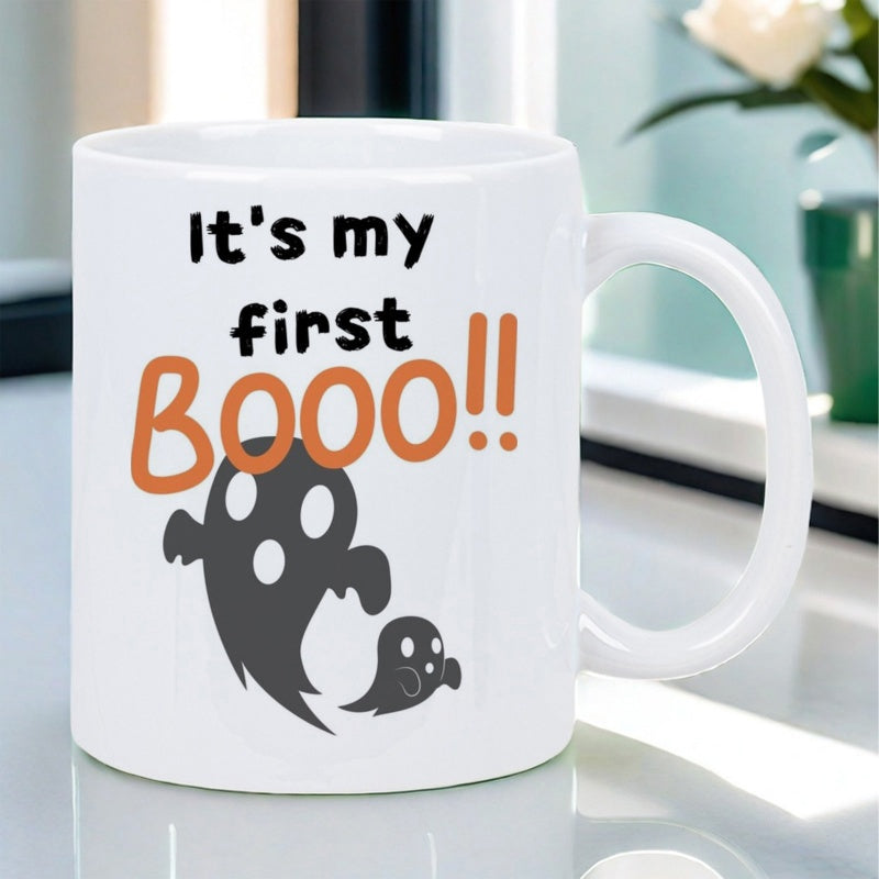 Tailorly White Ceramic 11 oz Mug - Its My First Booo Adorable Tiny And Large Spirits Floating In A Friendly Spooky Way Ghost