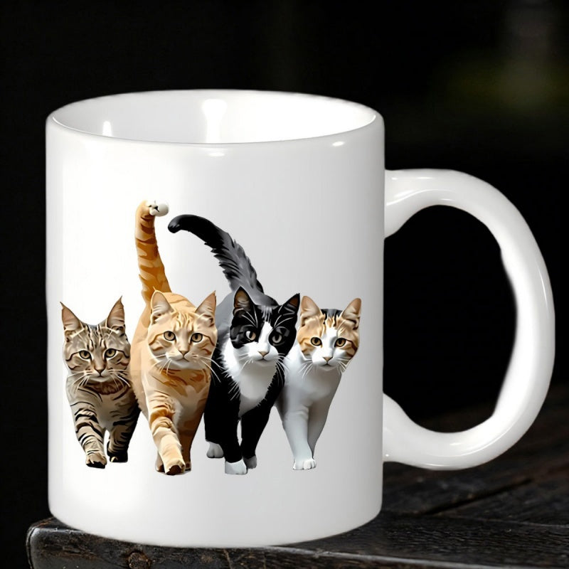 Tailorly White Ceramic 11 oz Mug - Four Diverse Domestic Breeds Walking Forward Together On Plain Background Cats