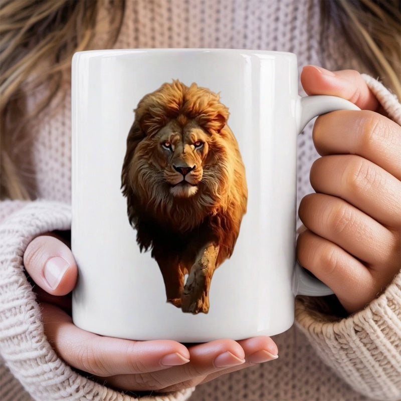 Tailorly White Ceramic 11 oz Mug - Majestic Golden Mane Walking Forward With Focused Gaze In Sunlight Lion