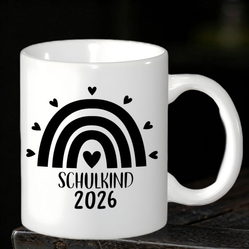 Tailorly White Ceramic 11 oz Mug - Minimalist Hand Drawn Black Arcs Featuring Small Hearts Arranged In Simple Rainbow