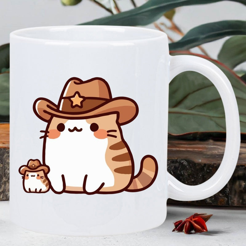 Tailorly White Ceramic 11 oz Mug - Cute Chubby Orange Tabby Feline Wearing Brown Western Cowboy Hat Cat