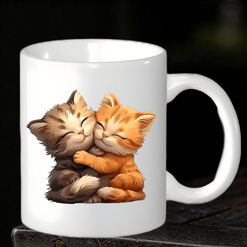 Tailorly White Ceramic 11 oz Mug - Two Adorable Fluffy Tabby And Ginger Furry Friends Gently Hugging Each Other Kittens