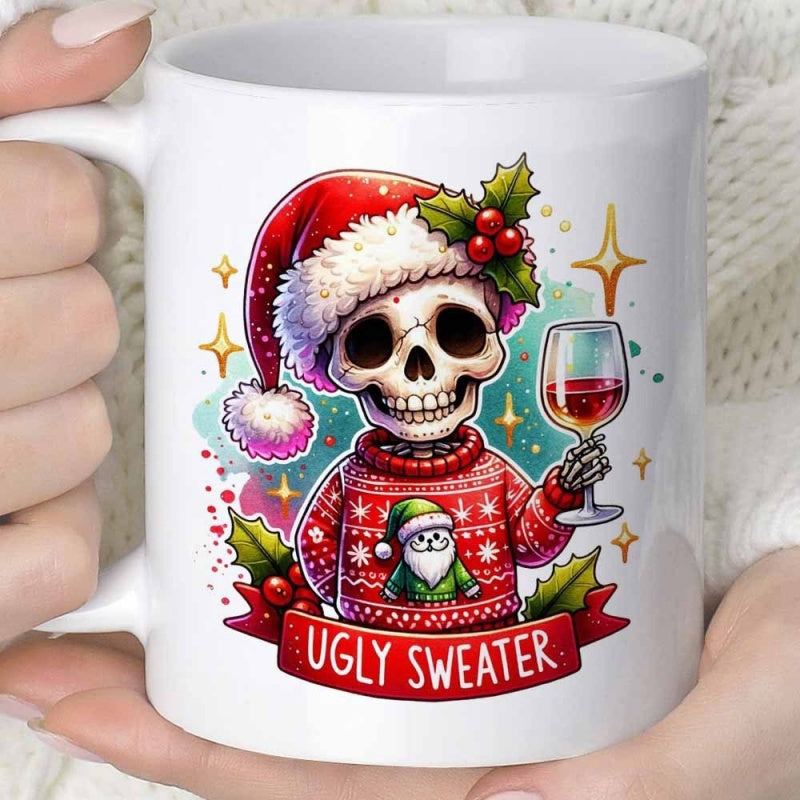 Tailorly White Ceramic 11 oz Mug - Ugly Sweater Festive Skull Wearing Santa Hat And Red Holiday Outfit Skeleton