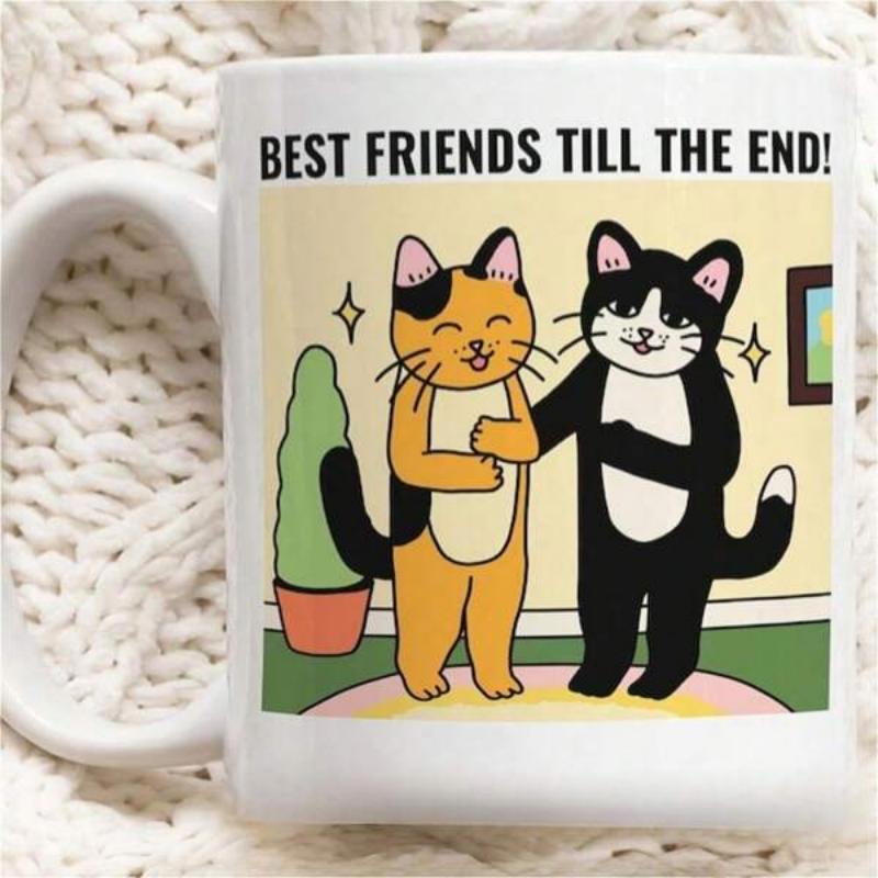 Tailorly White Ceramic 11 oz Mug - Best Friends Till The End Two Cute Cartoon Felines Standing Together Inside A Cozy Living Room Cats