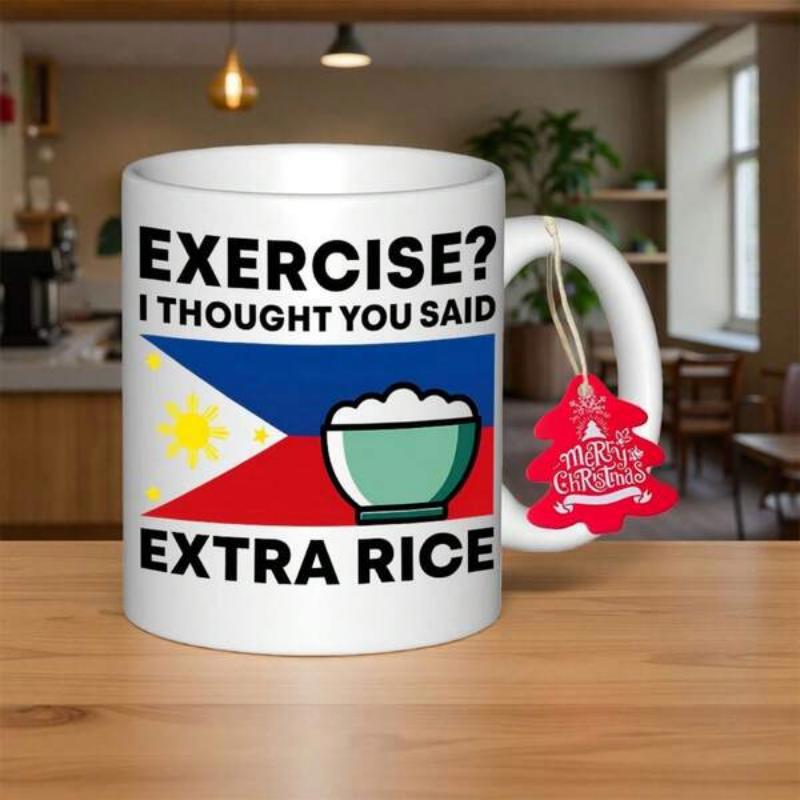 Tailorly White Ceramic 11 oz Mug - Exercise I Thought You Said Extra Rice National Flag Colors With Steaming White Grains In A Bowl