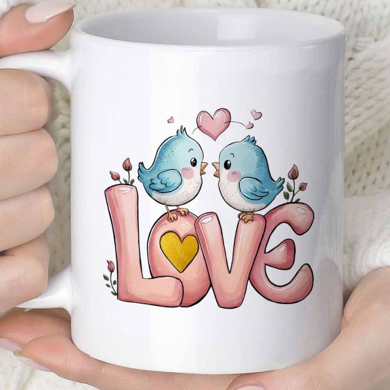 Tailorly White Ceramic 11 oz Mug - Love Two Cute Blue Birds Perched Atop Artistic Pink Letters With Hearts Bird