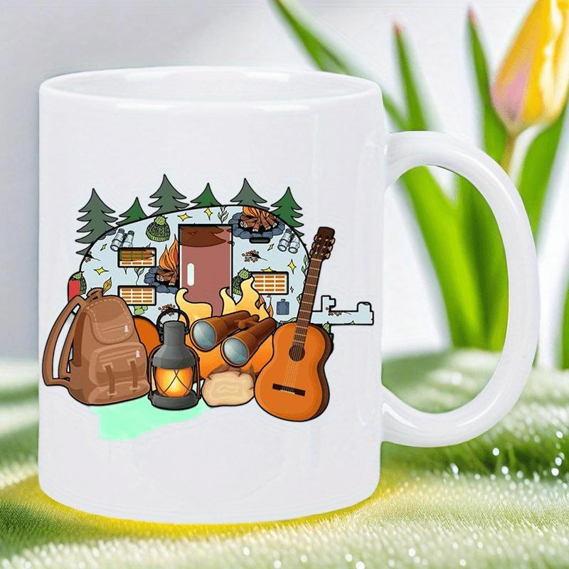 Tailorly White Ceramic 11 oz Mug - Camping Equipment With Guitar Lantern And Backpack In The Forest Scene
