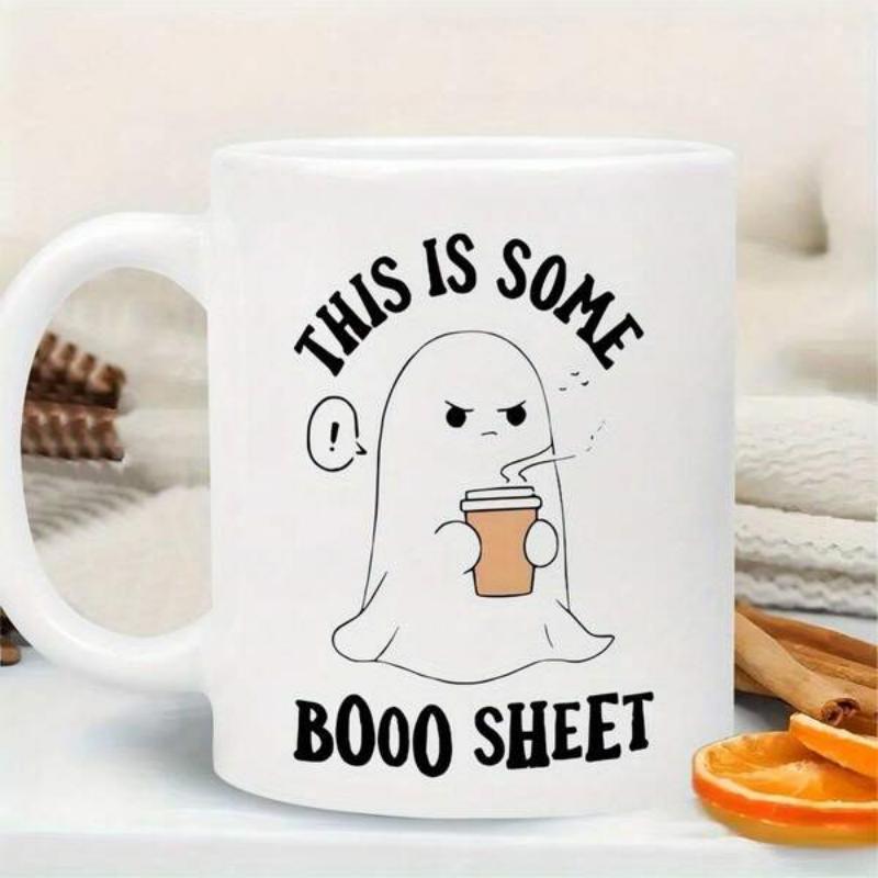 Tailorly White Ceramic 11 oz Mug - This Is Some Booo Sheet Grumpy Little Phantom Holding A Hot Steaming Cup Of Morning Coffee Ghost