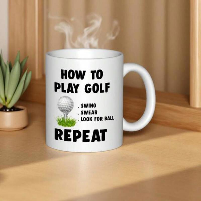Tailorly White Ceramic 11 oz Mug - How To Play Golf Swing Swear Look For Ball Repeat Minimalist White Golf Ball Resting On Green Grass Patch Golf Ball