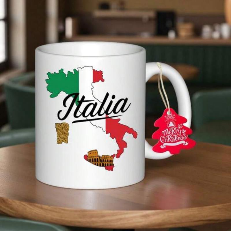 Tailorly White Ceramic 11 oz Mug - Italia Classic Map Outline Filled With Flag Colors And Historic Architecture Mug