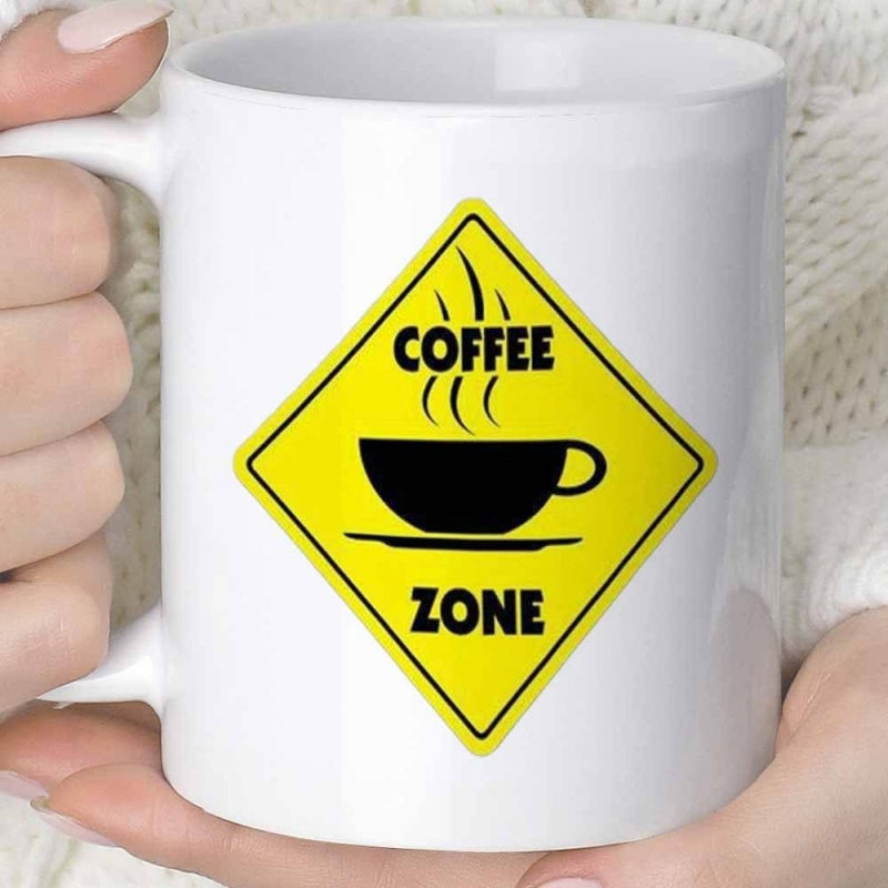 Tailorly White Ceramic 11 oz Mug - Coffee Zone Vibrant Yellow Diamond Warning Sign Featuring Steaming Hot Morning Beverage Sign