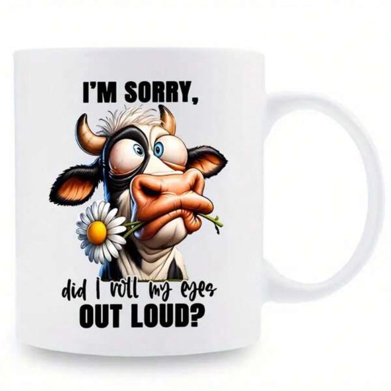 Tailorly White Ceramic 11 oz Mug - Im Sorry Did I Roll My Eyes Out Loud Funny Cartoon Cow With Wide Eyes Holding A White Daisy Flower Cow