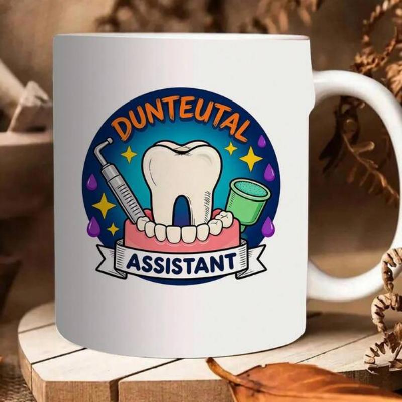 Tailorly White Ceramic 11 oz Mug - Assistant Featuring Professional Dental Tools And Sparkling Stars Around Large Molar Tooth