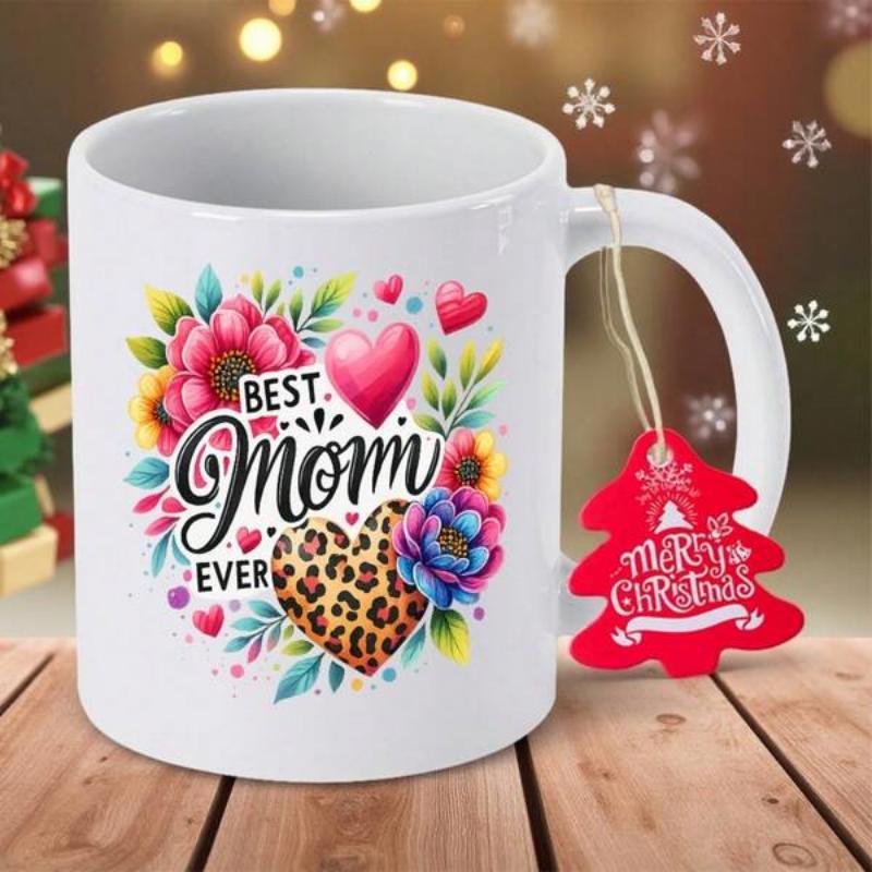 Tailorly White Ceramic 11 oz Mug - Best Mom Ever Colorful Blooming Flowers With Leopard Pattern Heart Among Artistic Pink Petals Mug