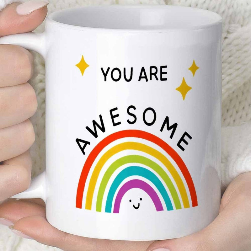 Tailorly White Ceramic 11 oz Mug - You Are Awesome Vibrant Colorful Arches Featuring Cute Smile And Shining Stars Rainbow