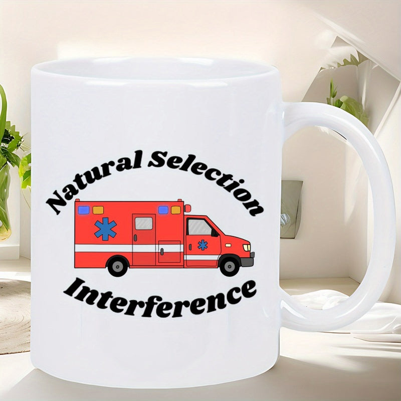Tailorly White Ceramic 11 oz Mug - Natural Selection Interference Red Emergency Vehicle With Blue Medical Icons Driving On White Background Ambulance