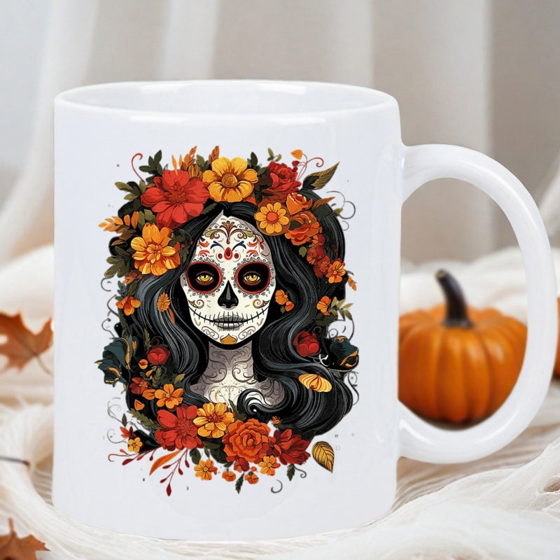 Tailorly White Ceramic 11 oz Mug - Artistic Floral Crown With Autumn Flowers Adorning A Traditional Sugar Skull Catrina