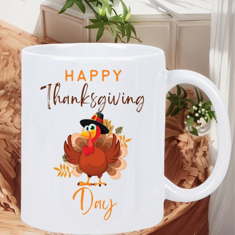 Tailorly White Ceramic 11 oz Mug - Happy Thanksgiving Day Festive Cartoon Turkey With Black Pilgrim Hat And Autumn Leaves Turkey