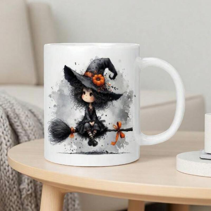 Tailorly White Ceramic 11 oz Mug - Mystical Little Witch Sitting On Flying Broomstick Wearing Large Pointed Hat Witch