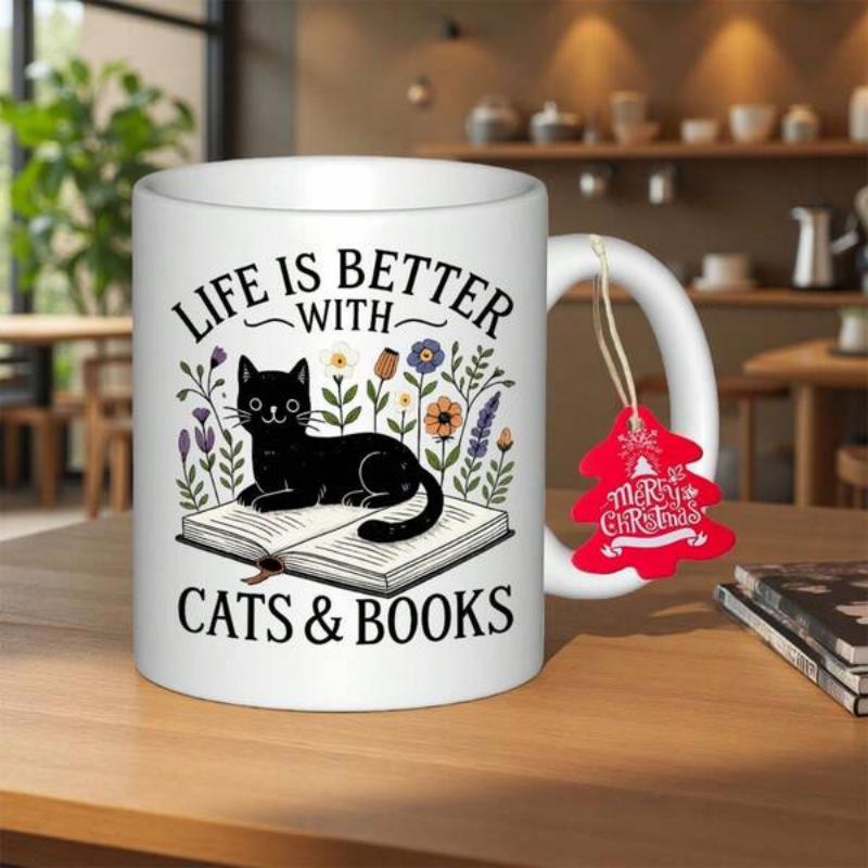 Tailorly White Ceramic 11 oz Mug - Life Is Better With Cats Books Sitting Comfortably On An Open Book Surrounded By Colorful Wild Flowers Cat