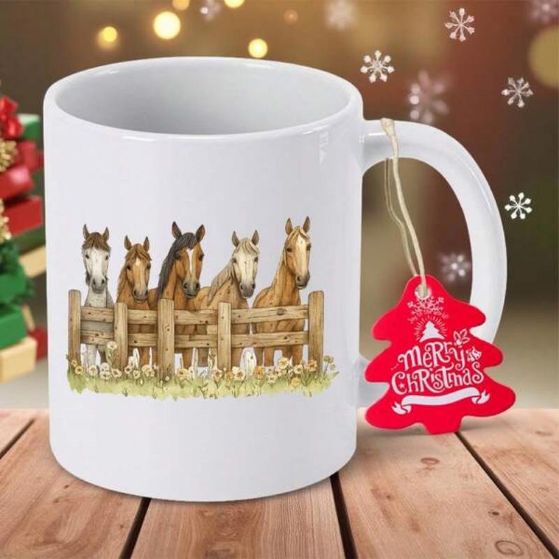 Tailorly White Ceramic 11 oz Mug - Merry Christmas Group Of Five Horses Standing Behind A Rustic Wooden Fence Horse