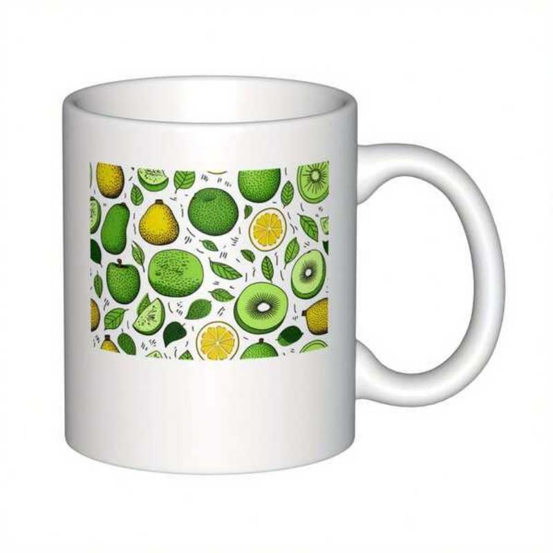 Tailorly White Ceramic 11 oz Mug - Vibrant Green Kiwis And Yellow Lemons Scattered Among Fresh Spring Leaves Fruit