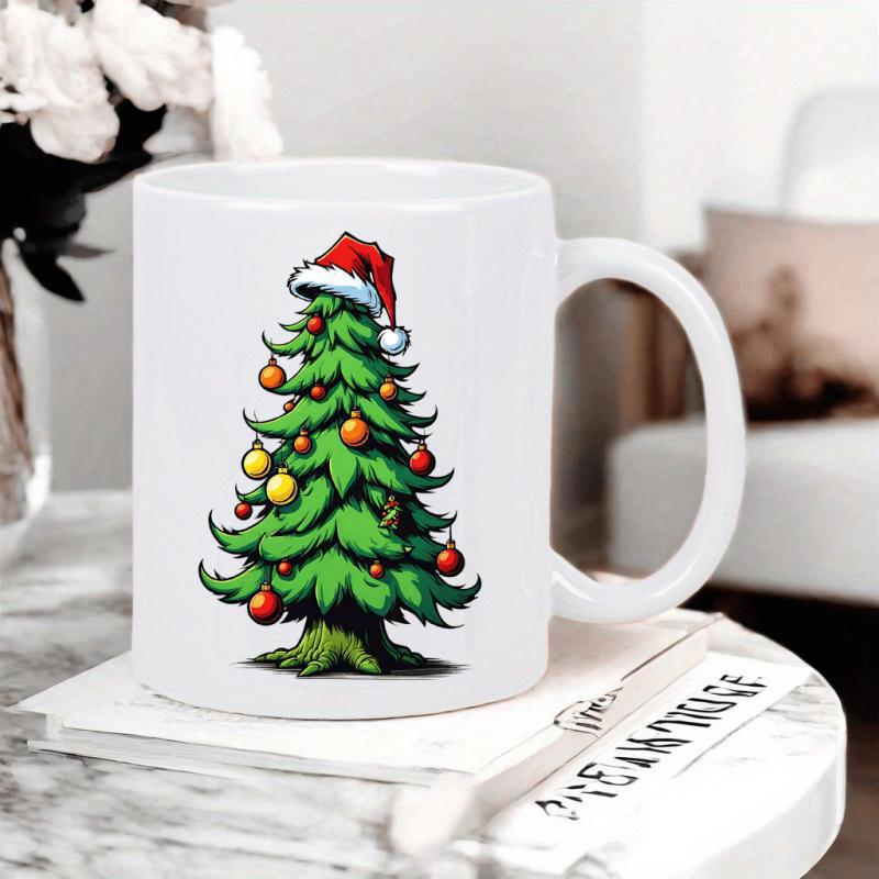 Tailorly White Ceramic 11 oz Mug - Festive Green Pine Decorated With Colorful Baubles Under Red Santa Hat Tree