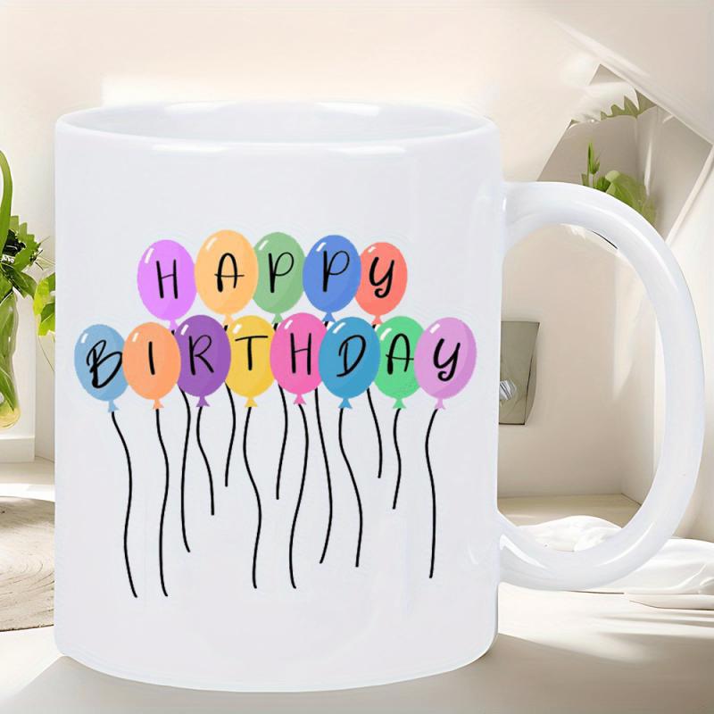 Tailorly White Ceramic 11 oz Mug - Happy Birthday Festive Colorful Floating Strings Attached To Round Shapes On White Surface Balloon