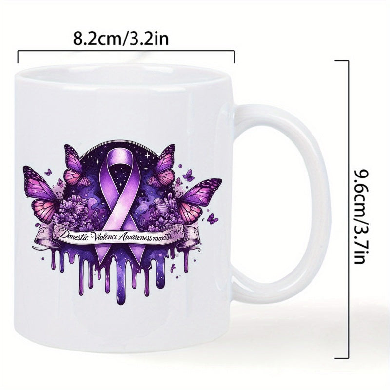 Tailorly White Ceramic 11 oz Mug - Domestic Violence Awareness Elegant Purple Butterflies With Floral Details And Drip Effect Ribbon