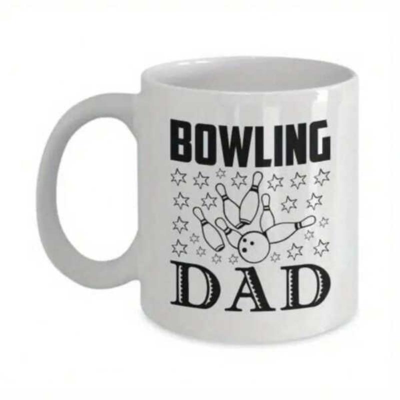 Tailorly White Ceramic 11 oz Mug - Bowling Dad Striking Pins With Rolling Ball Surrounded By Decorative Outline Little Stars Scene