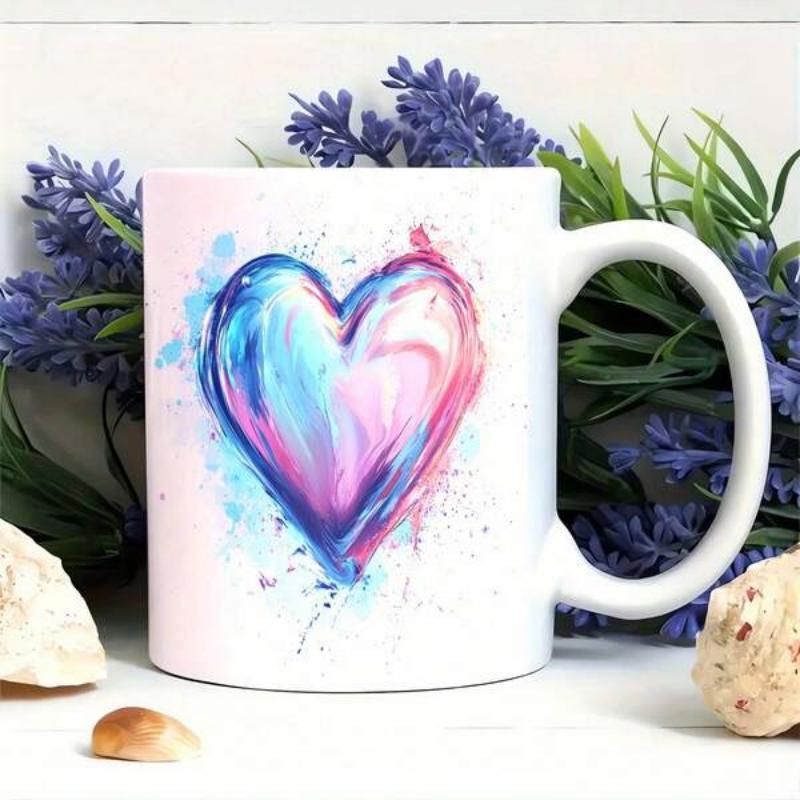 Tailorly White Ceramic 11 oz Mug - Vibrant Watercolor Painting Style With Splash Effects Forming A Beautiful Artistic Heart