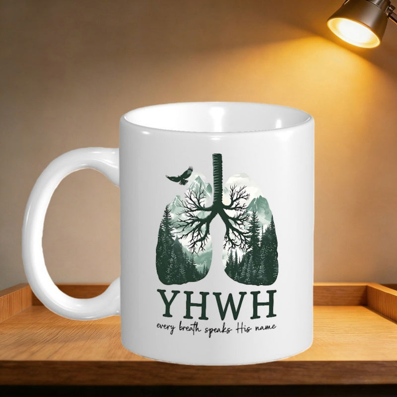 Tailorly White Ceramic 11 oz Mug - YHWH Every Breath Speaks His Name Majestic Eagle Flying Above Forest Trees Inside Human Shaped Lungs