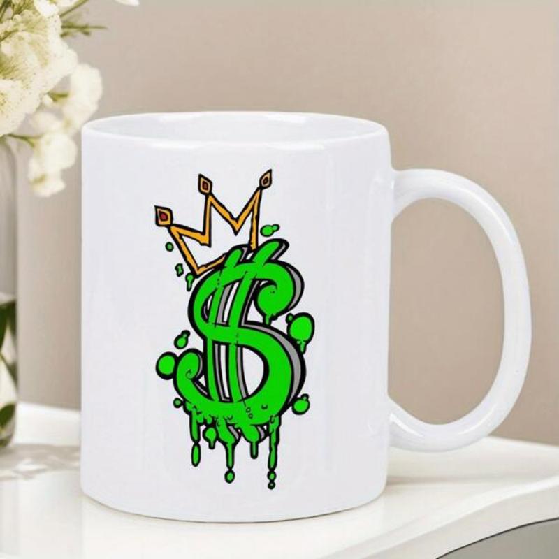 Tailorly White Ceramic 11 oz Mug - Vibrant Green Graffiti Dripping Style With Golden Royal Crown Dollar Sign