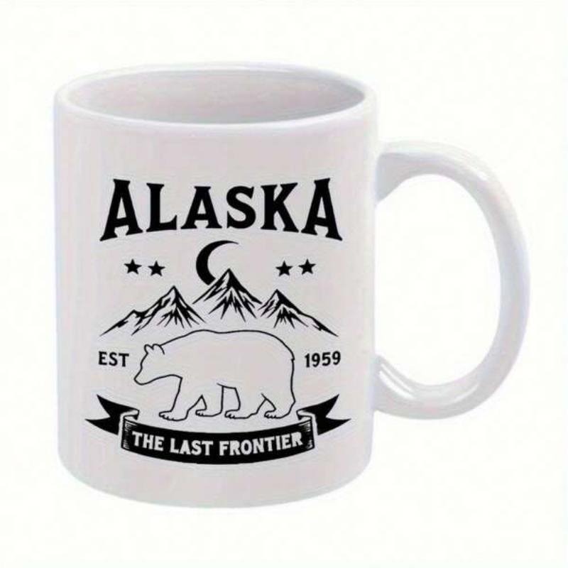 Tailorly White Ceramic 11 oz Mug - Alaska The Last Frontier Est 1959 Rugged Mountain Peaks Under Crescent Moon And Stars Silhouette Bear