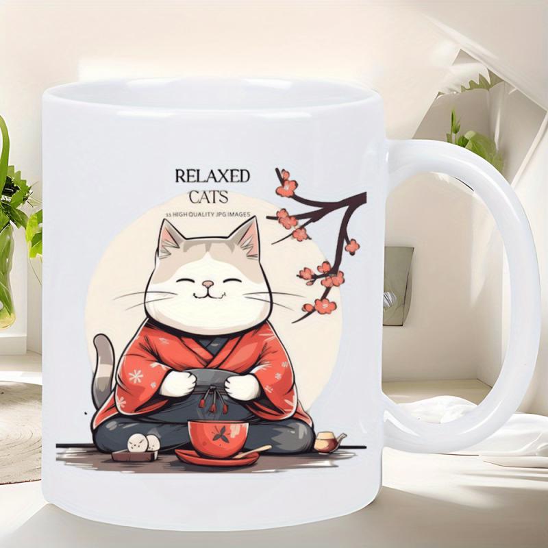Tailorly White Ceramic 11 oz Mug - Relaxed Cats Wearing Traditional Red Kimono Sipping Tea Beside Blooming Cherry Blossoms Cat