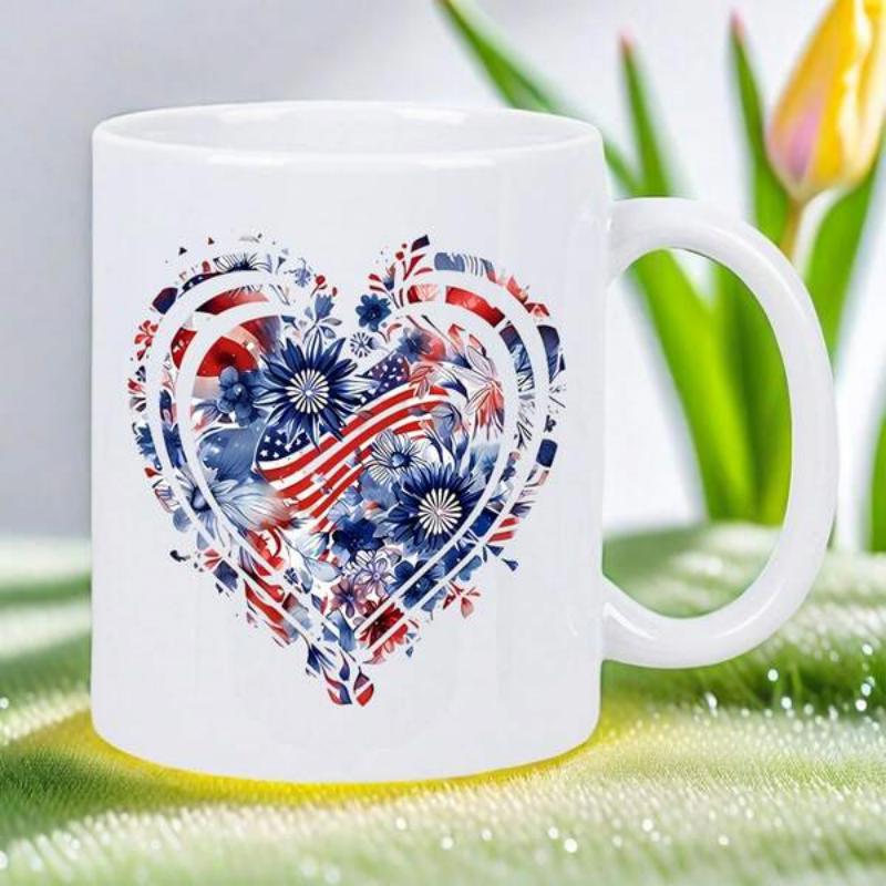 Tailorly White Ceramic 11 oz Mug - Patriotic Pattern Composed Of Sunflowers And American Flag Stripes Heart