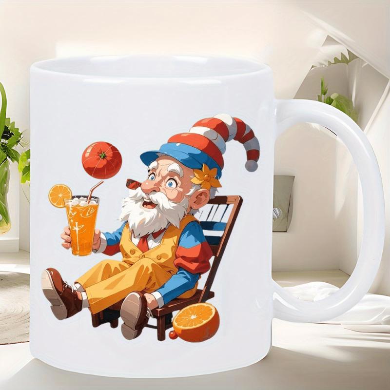 Tailorly White Ceramic 11 oz Mug - Cheerful Garden Gnome Relaxing In Beach Chair Holding Tropical Orange Juice Drink Gnome