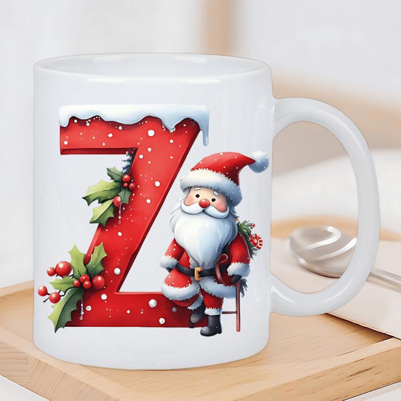 Tailorly White Ceramic 11 oz Mug - Z Festive Jolly Santa Standing Beside Snowy Letter Z Decorated With Holly Santa