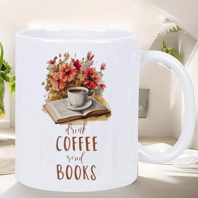 Tailorly White Ceramic 11 oz Mug - Drink Coffee Read Books Vibrant Autumn Flowers Blooming Behind A Steaming Cup On An Open Book