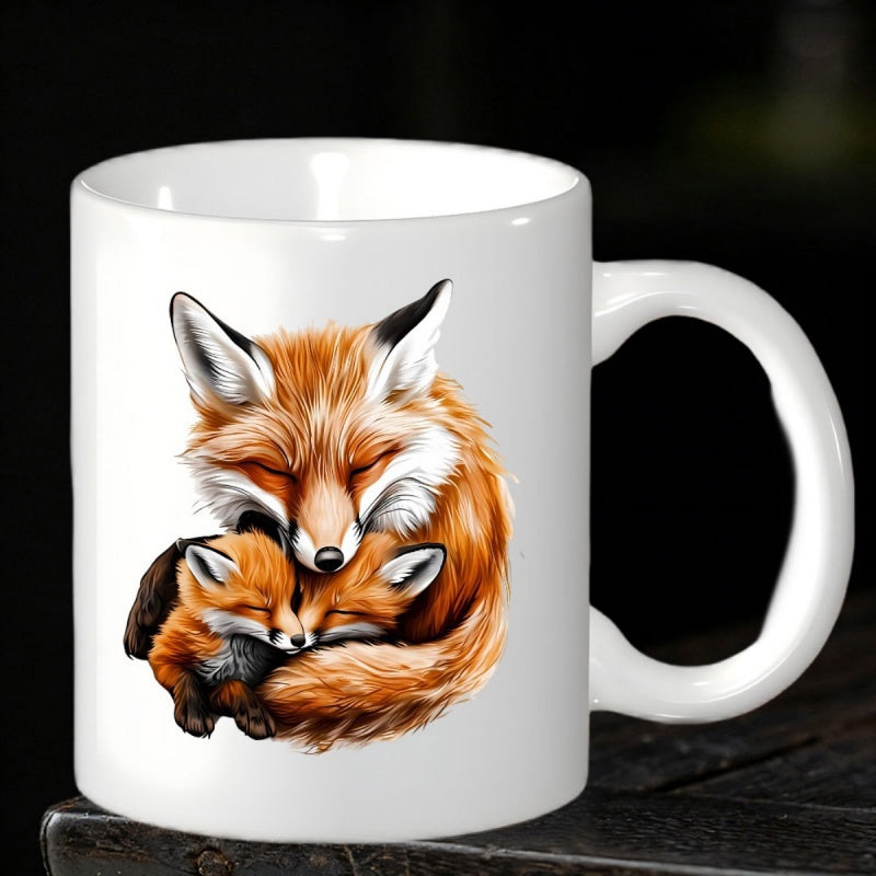 Tailorly White Ceramic 11 oz Mug - Adorable Mother Fox Cuddling Two Baby Cubs With Soft Orange Fur Fox