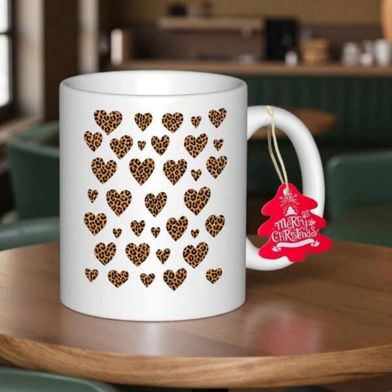 Tailorly White Ceramic 11 oz Mug - Merry Christmas Leopard Print Pattern Hearts Scattered Across Elegant White Glossy Ceramic Heart